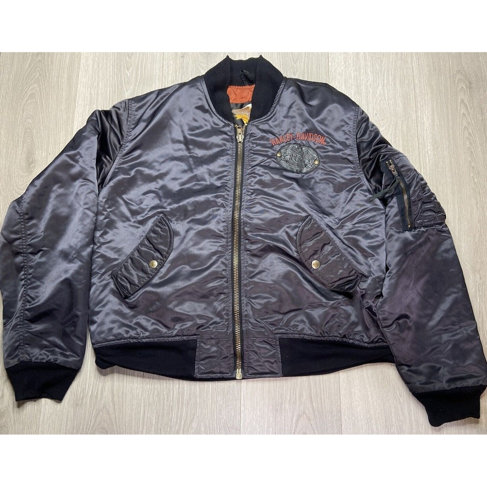 Harley Davidson Bomber Jacket Men Large Grey HOG Flight Biker Motorcycle Satin